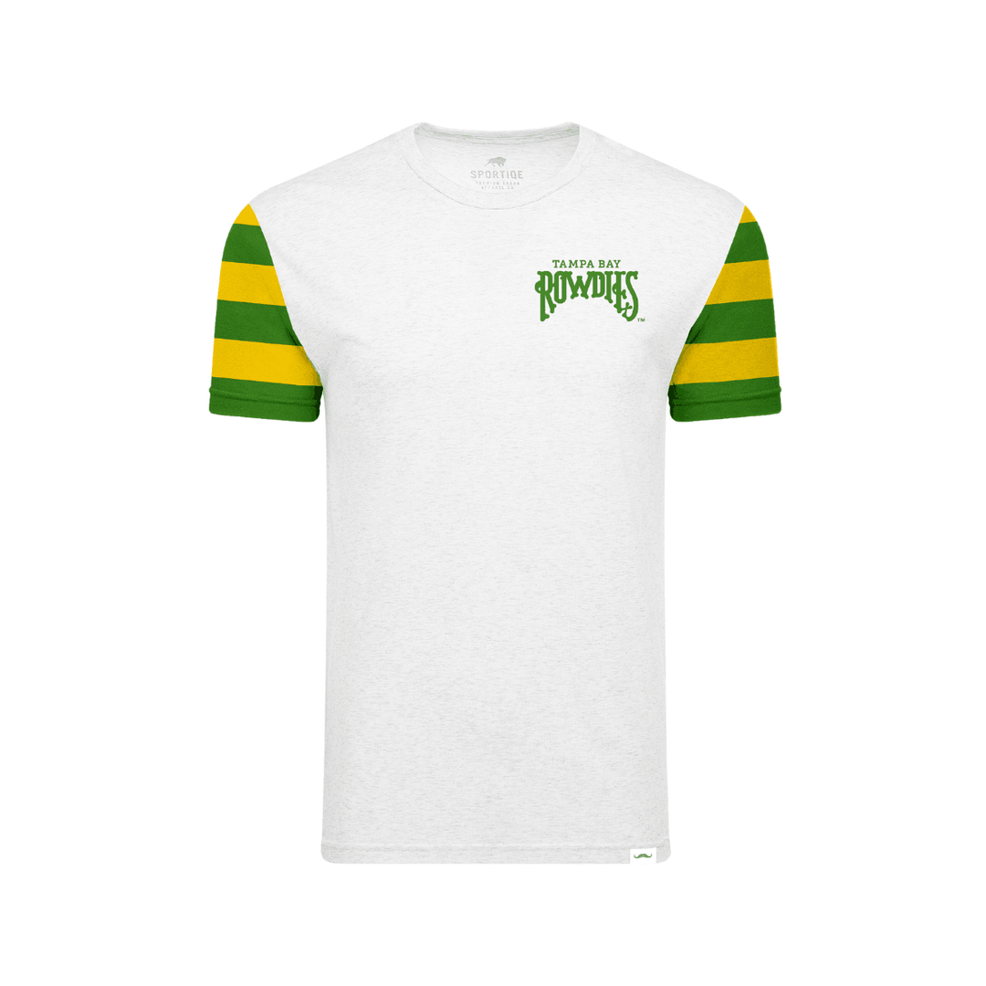 ROWDIES GREEN YELLOW STRIPED SLEEVES SPORTIQE T-SHIRT - The Bay Republic | Team Store of the Tampa Bay Rays & Rowdies